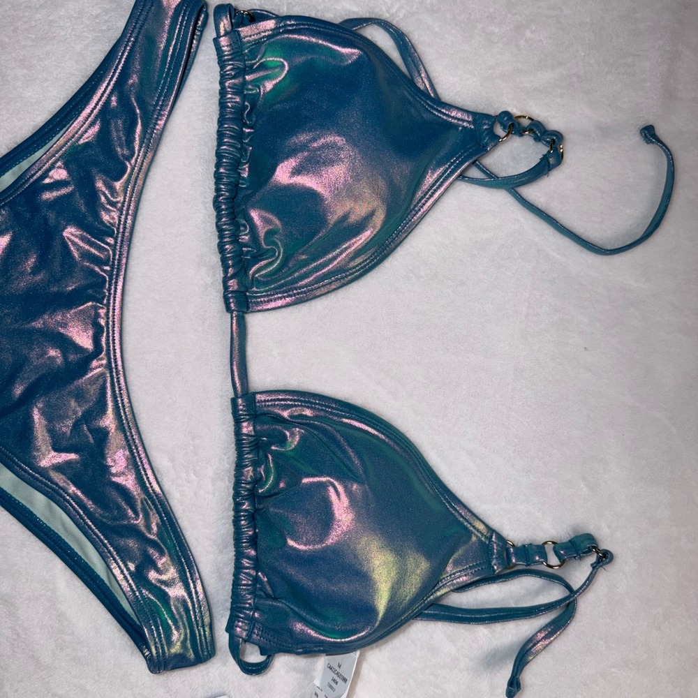 Cupshe Womens Holographic Iridescent Bikini Set Blue Teal Metallic Padded M NEW - Picture 4 of 9
